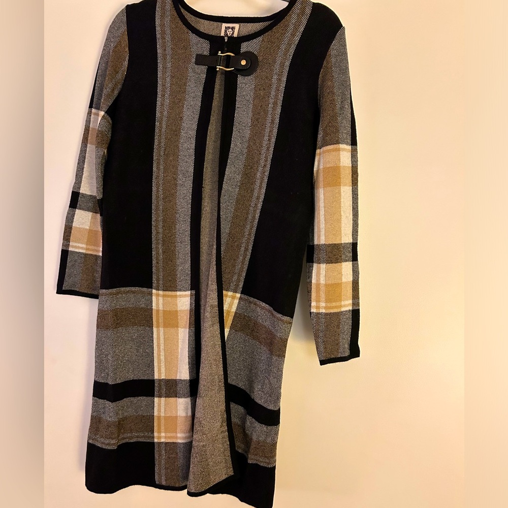Anne Klein sweater open cardigan camel plaid with belt buckle